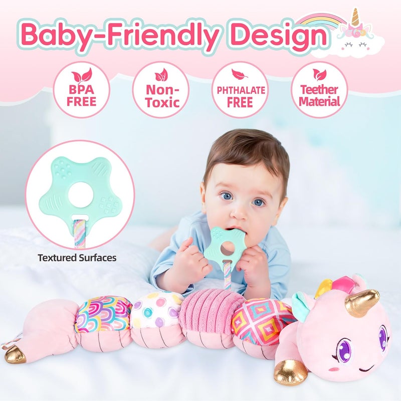 Lanbeby Unicorn Baby Toys 6-12 Months Infant Musical Stuffed Toys for Newborn Tummy Time Sensory toys for babies with Crinkle and Rattle 0-3-6-12 Months Old Baby Girl Must Have Christmas Birthday Gifts - Pink - Image 4